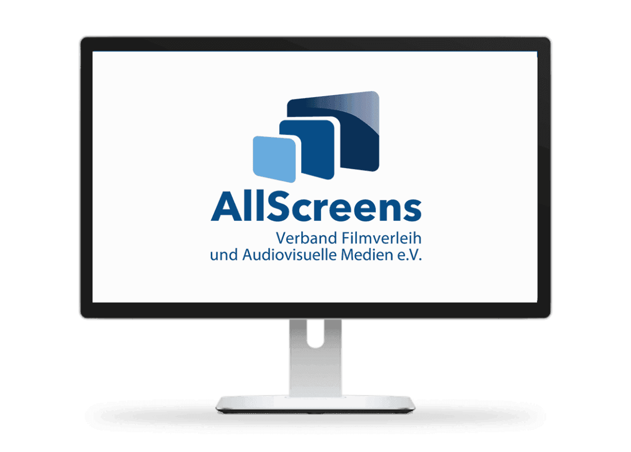 Computer monitor displaying the AllScreens logo with three blue overlapping screen icons and German text.