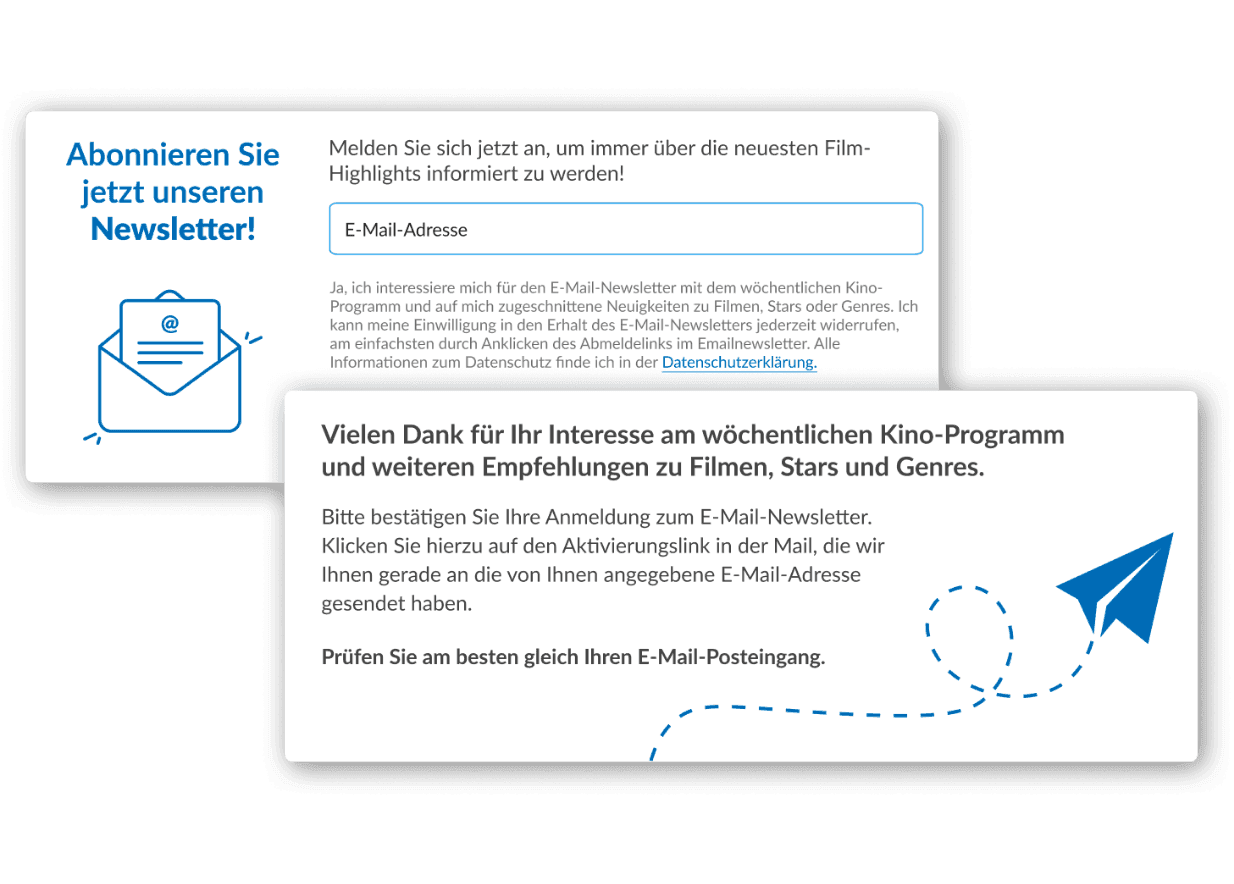German newsletter subscription process with sign-up form and thank you confirmation message.
