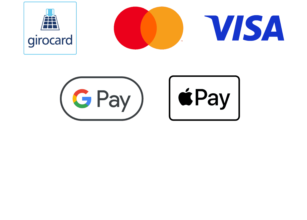 Logos of popular payment methods: girocard, Mastercard, Visa, Google Pay, and Apple Pay.